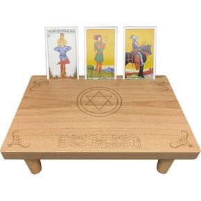 Compact Wooden Altar Table with Tarot Card Holder, Small Altar Table for Spiritual Meditation, Pentagram Engraved Mystic Decor, 12 x 8 inches (30 x 20 cm)