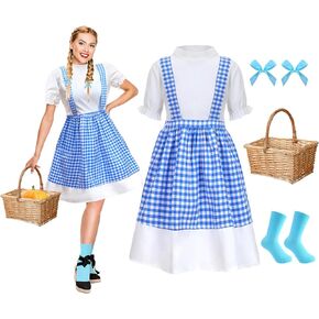 Leumoi 5 قطع أزياء تنكرية كلاسيكية للنساء تتضمن فستان قطني أزرق وأقواس وجوارب زرقاء وسلة لحفلات الهالوين in Kuwait