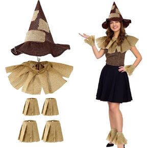 Lasnten 6 Pieces Halloween Straw Costume Accessory Straw Costume Kit Include Scarecrow Hat Burlap Straw Kit Women Straw Costume for Halloween Decoration Harvest Party Accessory Brown, One Size
