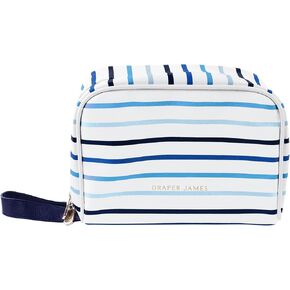 Draper James Striped Cosmetic Bag, Zippered Travel Makeup Pouch with Interior Organization and Outside Pockets, Blue Stripe