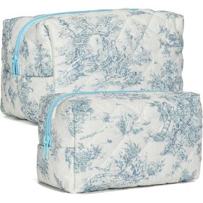 2 PCS Quilted Makeup Bag,Cute Cotton Cosmetic Bag,Large Travel Toiletry Bag Makeup Brushes Storage Organizer for Women-Classical Pink