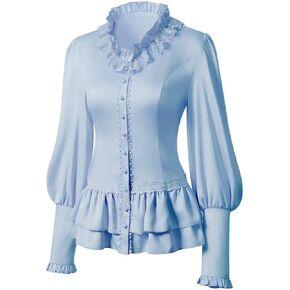 Women Vintage Victorian Long Sleeve Corset Top Lace Ruffled Blouse Stand Collar Shirts