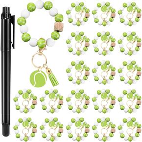 20 Pcs Tennis Keychain Team Gifts Wood Bead Sports Charm Wristlet Bracelets for Coach Student team Tennis Lover