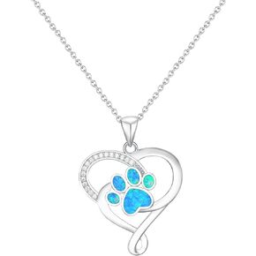 heart pendant with paw print necklace for pet lovers, sterling silver jewelry gift for women, opal paw charm, adjustable chain