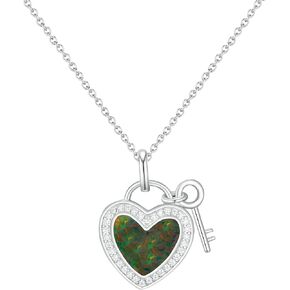 Sterling Silver Heart and Key Necklace with Opal Inlay - Key to My Heart Pendant Necklace for Couples, Romantic Jewelry Gift for Women