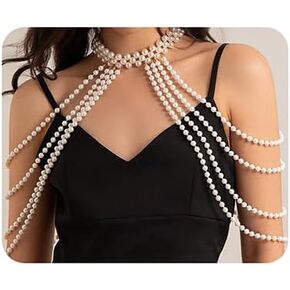 Xerling Faux Pearl Shoulder Harness Body Chain Fringe Tassels Layered Arm Chain Bra Chain Necklace Body Jewelry for Women Bikini