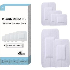 Island Dressing Bordered Gauze (Individual Pack of 25, 5 Sizes in 1 Pack),Non-Stick Pad in Center with Adhesive Border,Absorbent Medical Grade Dressing Gauze Pad for Wound Care and First Aid