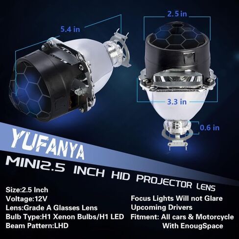 YUFANYA 2.5 Inch Blue Honeycomb Bixenon Projector Lens Mini H1 with Yellow Demon Eyes Fit for H4 H7 Car Motorcycle Retrofit in Saudi Arabia