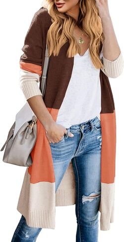 Lovaru Womens Boho Open Front Cardigan Colorblock Long Sleeve Loose Knit Lightweight Sweaters in Saudi Arabia