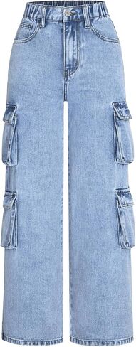 WDIRARA Girl's High Waisted Cargo Denim Pants Casual Wide Leg Jeans with Pockets in Kuwait