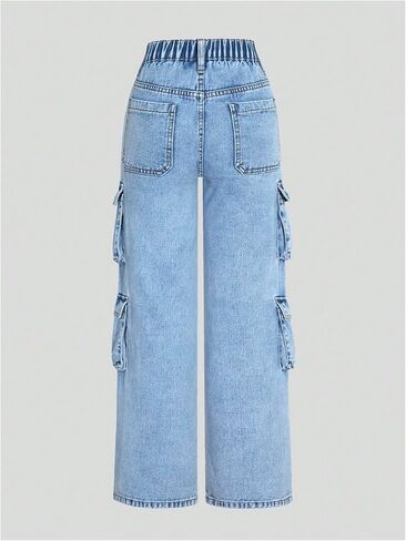 WDIRARA Girl's High Waisted Cargo Denim Pants Casual Wide Leg Jeans with Pockets in Kuwait