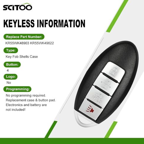 SCITOO 1 PC Key Fob Shell Case Keyless Entry Remote Control Fits 2010-2012 for Infiniti FX35 2013 for Infiniti FX37 2007-2012 for Nissan Altima 09-14 for Nissan Maxima (FCC KR55WK48903) 4 Buttons in Saudi Arabia