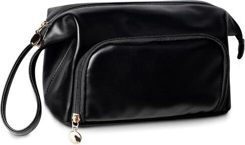 Abiudeng Makeup Bag for women,Toiletry Travel Makeup Bags Pouch with Brush Compartments, Large Portable Cosmetic Bag with Handle,Wide Open Cute Bag,PU Water-Resistant Makeup Bag-Black in Saudi Arabia