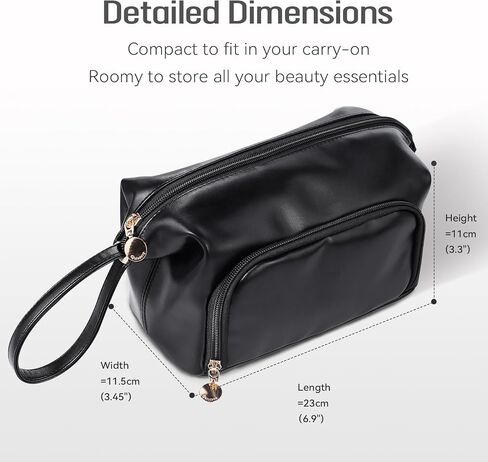 Abiudeng Makeup Bag for women,Toiletry Travel Makeup Bags Pouch with Brush Compartments, Large Portable Cosmetic Bag with Handle,Wide Open Cute Bag,PU Water-Resistant Makeup Bag-Black in Saudi Arabia