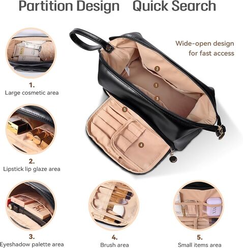 Abiudeng Makeup Bag for women,Toiletry Travel Makeup Bags Pouch with Brush Compartments, Large Portable Cosmetic Bag with Handle,Wide Open Cute Bag,PU Water-Resistant Makeup Bag-Black in Saudi Arabia