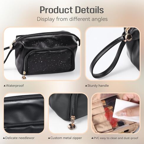 Abiudeng Makeup Bag for women,Toiletry Travel Makeup Bags Pouch with Brush Compartments, Large Portable Cosmetic Bag with Handle,Wide Open Cute Bag,PU Water-Resistant Makeup Bag-Black in Saudi Arabia