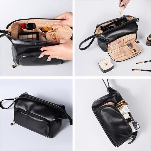 Abiudeng Makeup Bag for women,Toiletry Travel Makeup Bags Pouch with Brush Compartments, Large Portable Cosmetic Bag with Handle,Wide Open Cute Bag,PU Water-Resistant Makeup Bag-Black in Saudi Arabia