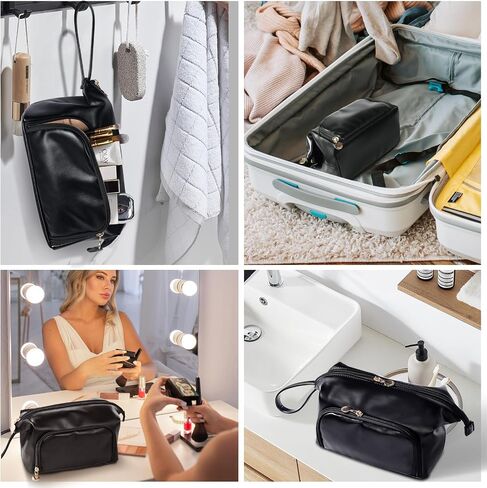 Abiudeng Makeup Bag for women,Toiletry Travel Makeup Bags Pouch with Brush Compartments, Large Portable Cosmetic Bag with Handle,Wide Open Cute Bag,PU Water-Resistant Makeup Bag-Black in Saudi Arabia