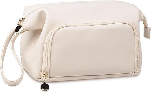 Abiudeng Makeup Bag for women,Toiletry Travel Makeup Bags Pouch with Brush Compartments, Large Portable Cosmetic Bag with Handle,Wide Open Cute Bag,PU Water-Resistant Makeup Bag-Black in Saudi Arabia