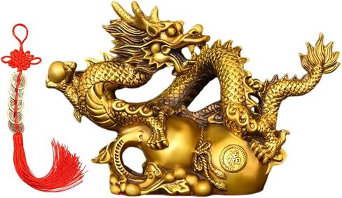 Dragon Statue Chinese Feng Shui Dragon Figurines Home Office Decor Ornaments Brass Dragon Sculpture for Wealth Luck Success with Chinese Coins Lucky Knot in Saudi Arabia