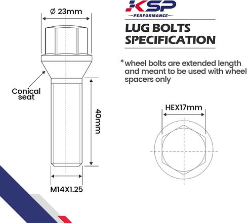 KSP M14x1.25 Lug Bolts for I3 I8 M2 M4 F80 X2 X4 X6, Conical Seat Extended 40mm Shank HEX 17mm Black Dacromet Studs Compatible with BMW, Package of 5PCS in Kuwait
