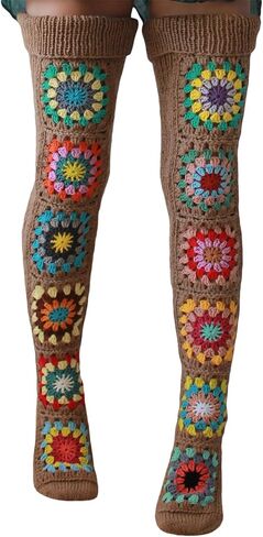 Crochet Socks for Women Y2k Granny Square Over Knee High Stockings Warm Chunky Knitted Long Leg Warmers Boot Socks in Kuwait