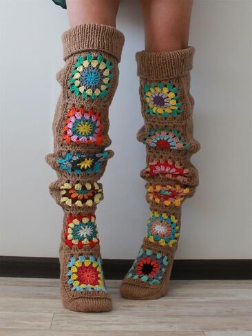Crochet Socks for Women Y2k Granny Square Over Knee High Stockings Warm Chunky Knitted Long Leg Warmers Boot Socks in Kuwait