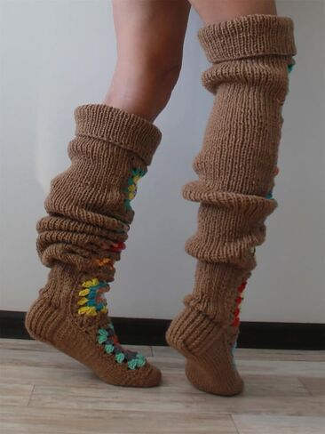 Crochet Socks for Women Y2k Granny Square Over Knee High Stockings Warm Chunky Knitted Long Leg Warmers Boot Socks in Kuwait