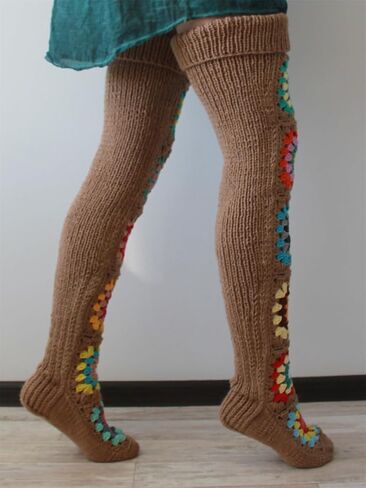 Crochet Socks for Women Y2k Granny Square Over Knee High Stockings Warm Chunky Knitted Long Leg Warmers Boot Socks in Kuwait
