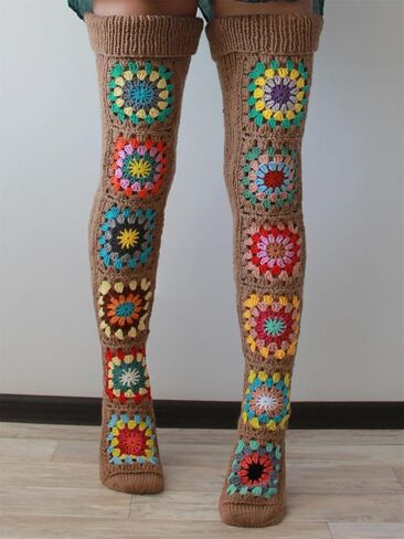 Crochet Socks for Women Y2k Granny Square Over Knee High Stockings Warm Chunky Knitted Long Leg Warmers Boot Socks in Kuwait
