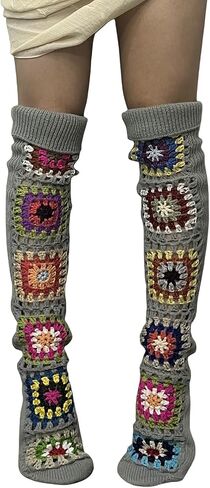 Crochet Socks for Women Y2k Granny Square Over Knee High Stockings Warm Chunky Knitted Long Leg Warmers Boot Socks in Kuwait