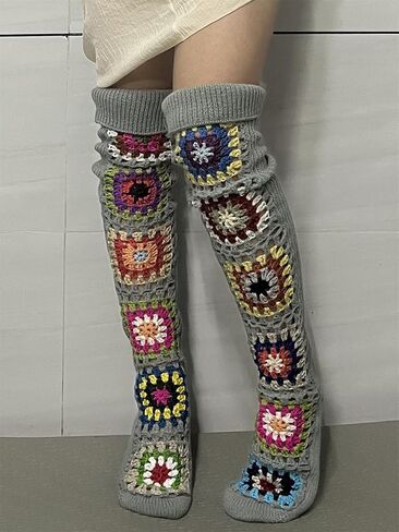 Crochet Socks for Women Y2k Granny Square Over Knee High Stockings Warm Chunky Knitted Long Leg Warmers Boot Socks in Kuwait