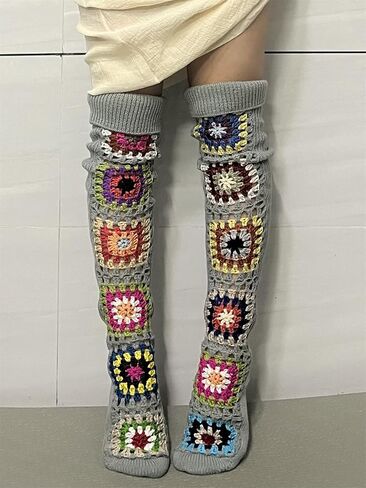 Crochet Socks for Women Y2k Granny Square Over Knee High Stockings Warm Chunky Knitted Long Leg Warmers Boot Socks in Kuwait