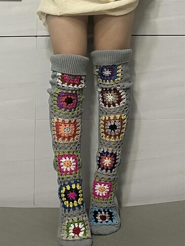 Crochet Socks for Women Y2k Granny Square Over Knee High Stockings Warm Chunky Knitted Long Leg Warmers Boot Socks in Kuwait