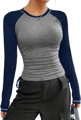 Avanova Women Raglan Long Sleeve Ruched Side Tee Shirt Color Block Crewneck Casual Top in Saudi Arabia