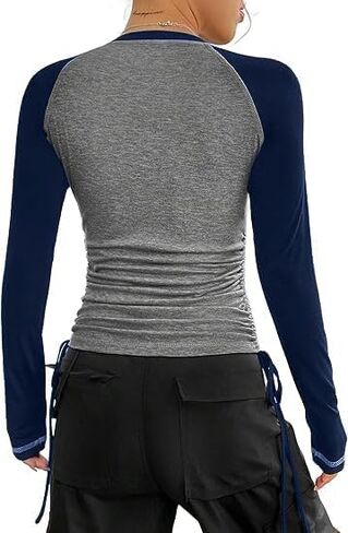 Avanova Women Raglan Long Sleeve Ruched Side Tee Shirt Color Block Crewneck Casual Top in Saudi Arabia