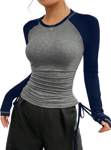 Avanova Women Raglan Long Sleeve Ruched Side Tee Shirt Color Block Crewneck Casual Top in Saudi Arabia