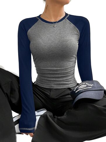 Avanova Women Raglan Long Sleeve Ruched Side Tee Shirt Color Block Crewneck Casual Top in Saudi Arabia
