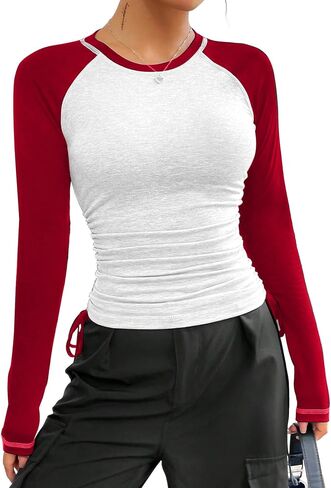 Avanova Women Raglan Long Sleeve Ruched Side Tee Shirt Color Block Crewneck Casual Top in Saudi Arabia