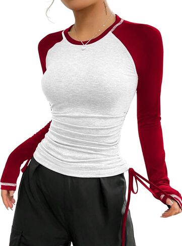 Avanova Women Raglan Long Sleeve Ruched Side Tee Shirt Color Block Crewneck Casual Top in Saudi Arabia
