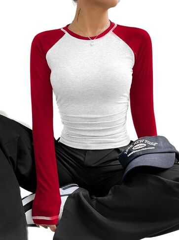Avanova Women Raglan Long Sleeve Ruched Side Tee Shirt Color Block Crewneck Casual Top in Saudi Arabia
