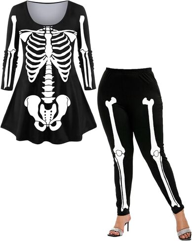 ROSE GAL Women Plus Size Outfits Skeleton Print Long Sleeves Tee and Leggings Matching Set Halloween Costume 2 Piece Set in Saudi Arabia