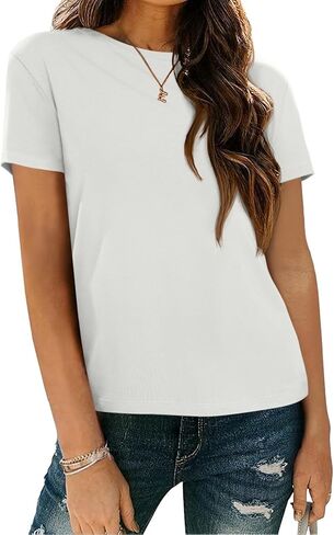 REORIA Womens Summer Crewneck Short Sleeve Cotton Tunic Tops Loose Fit Solid T Shirts 2025 Basic Tees in Kuwait