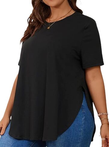 Hilinker Women's Plus Size Short Sleeve Tunic Tops Loose Fit Dressy Side Slit Tees Asymmetrical Hem T Shirts in Saudi Arabia
