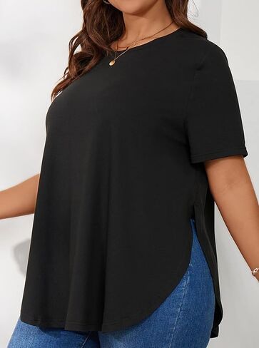 Hilinker Women's Plus Size Short Sleeve Tunic Tops Loose Fit Dressy Side Slit Tees Asymmetrical Hem T Shirts in Saudi Arabia