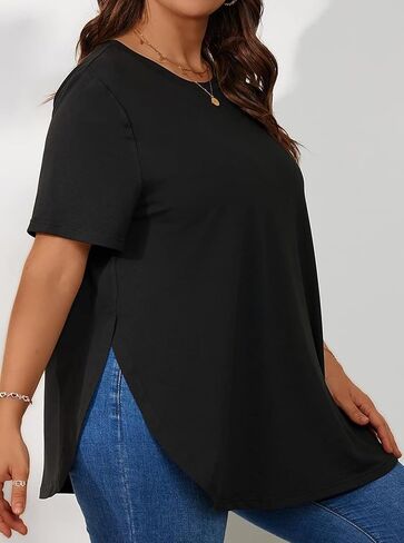 Hilinker Women's Plus Size Short Sleeve Tunic Tops Loose Fit Dressy Side Slit Tees Asymmetrical Hem T Shirts in Saudi Arabia
