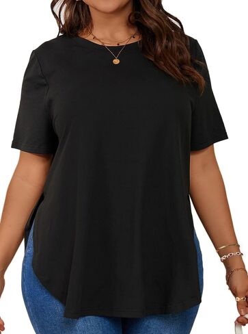 Hilinker Women's Plus Size Short Sleeve Tunic Tops Loose Fit Dressy Side Slit Tees Asymmetrical Hem T Shirts in Saudi Arabia