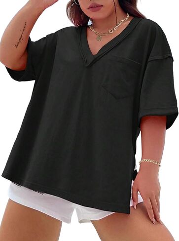 Hilinker Women's Plus Size Short Sleeve Tunic Tops Loose Fit Dressy Side Slit Tees Asymmetrical Hem T Shirts in Saudi Arabia