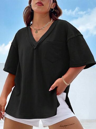 Hilinker Women's Plus Size Short Sleeve Tunic Tops Loose Fit Dressy Side Slit Tees Asymmetrical Hem T Shirts in Saudi Arabia