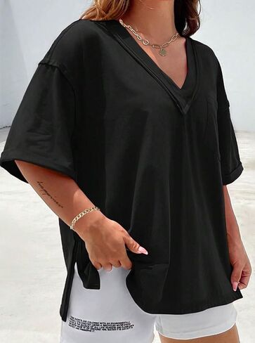 Hilinker Women's Plus Size Short Sleeve Tunic Tops Loose Fit Dressy Side Slit Tees Asymmetrical Hem T Shirts in Saudi Arabia